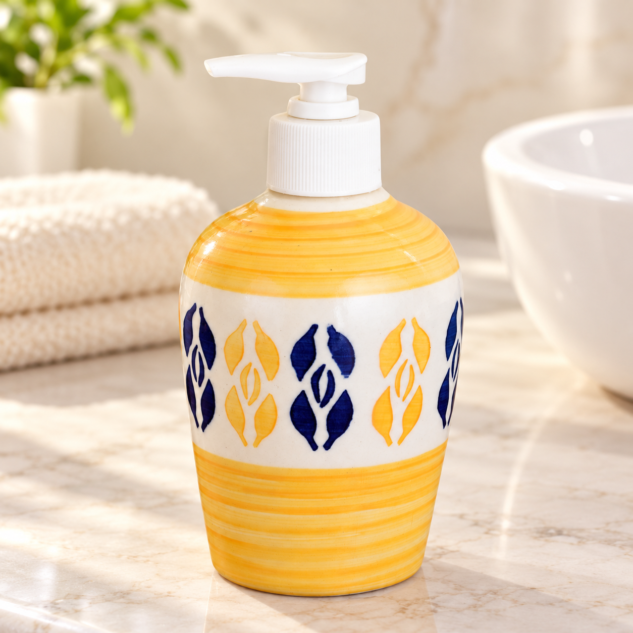 KunhaR Ceramic Long-Lasting Liquid Handwash Soap Dispenser for Bathroom | Handwash Bottle for Kitchen | Soap Dispenser for Wash Basin | Bathroom Accessories | 300 ml, Yellow Multicolor