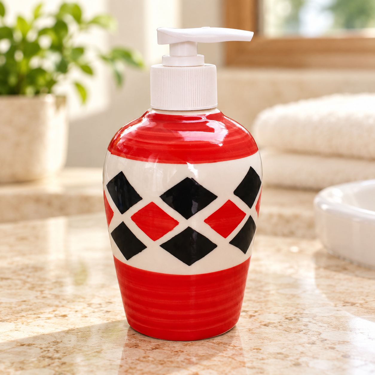 KunhaR Ceramic Long-Lasting Liquid Handwash Soap Dispenser for Bathroom | Handwash Bottle for Kitchen | Soap Dispenser for Wash Basin | Bathroom Accessories | 300 ml, Red Berry