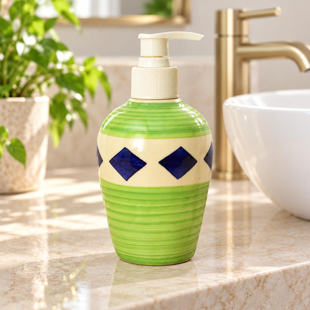KunhaR Ceramic Long-Lasting Liquid Handwash Soap Dispenser for Bathroom | Handwash Bottle for Kitchen | Soap Dispenser for Wash Basin | Bathroom Accessories | 300 ml, Tan Green
