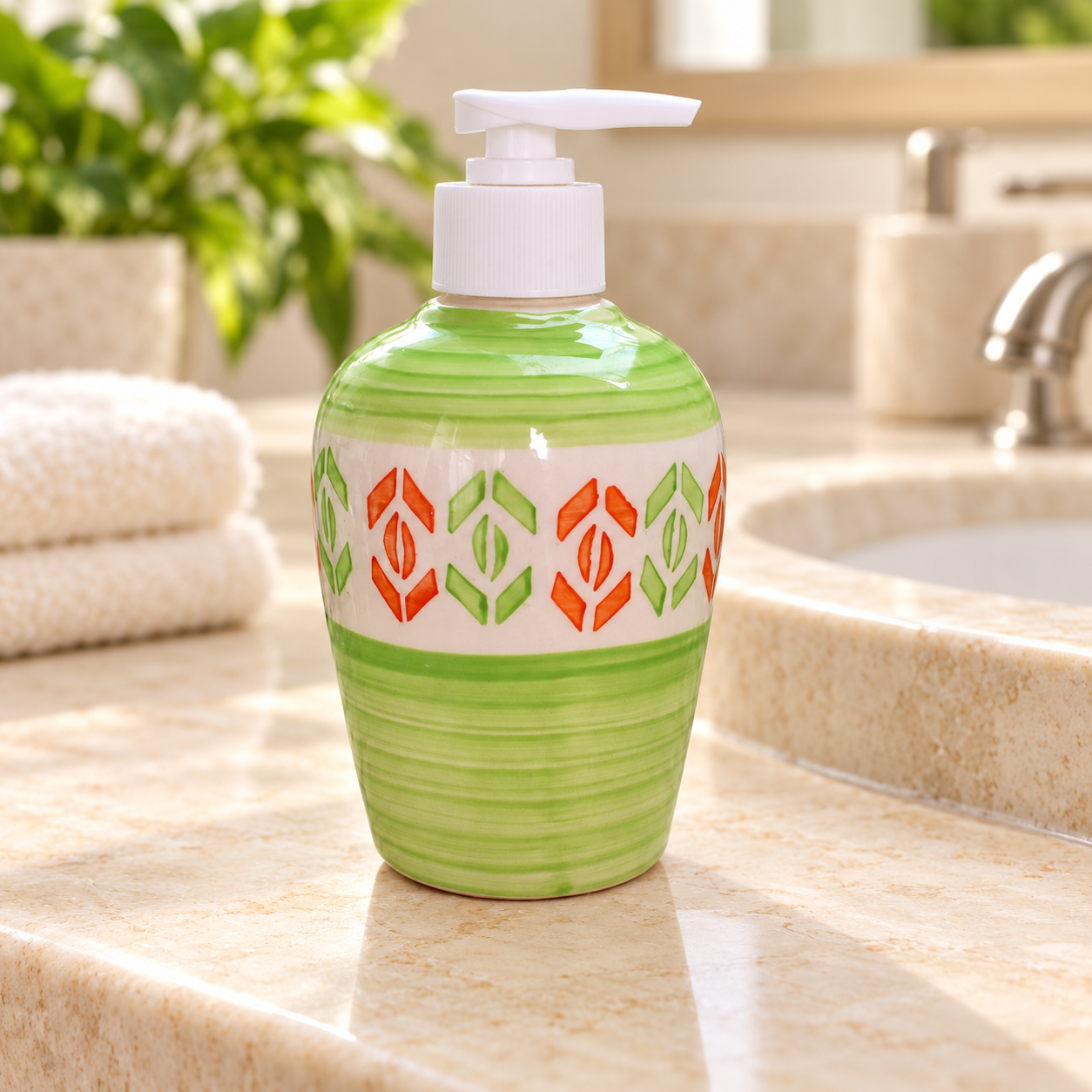 KunhaR Ceramic Long-Lasting Liquid Handwash Soap Dispenser for Bathroom | Handwash Bottle for Kitchen | Soap Dispenser for Wash Basin | Bathroom Accessories | 300 ml, Drab Green
