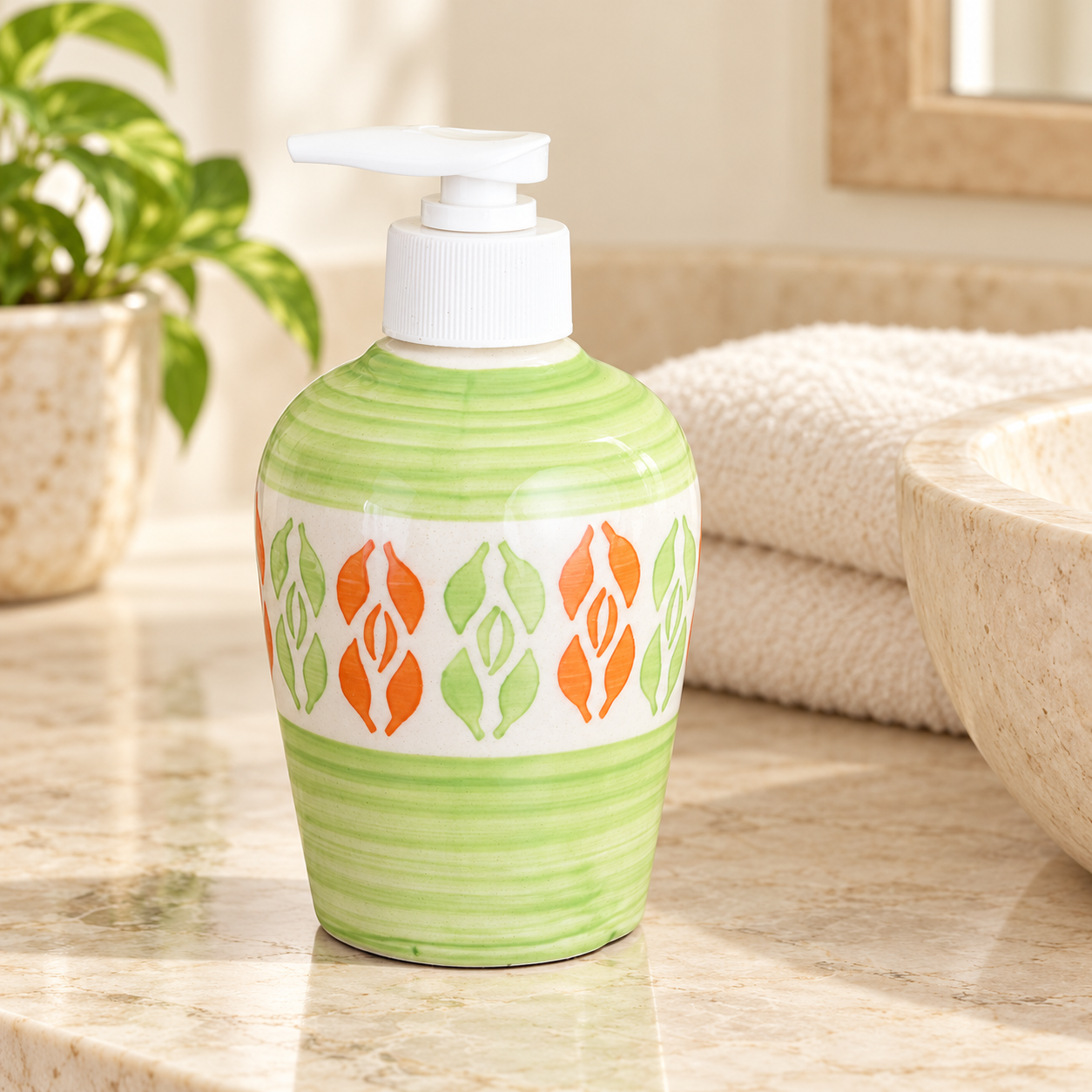 KunhaR Ceramic Long-Lasting Liquid Handwash Soap Dispenser for Bathroom | Handwash Bottle for Kitchen | Soap Dispenser for Wash Basin | Bathroom Accessories | 300 ml, Green Multicolor