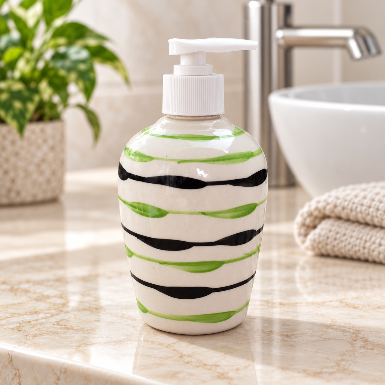 KunhaR Ceramic Long-Lasting Liquid Handwash Soap Dispenser for Bathroom | Handwash Bottle for Kitchen | Soap Dispenser for Wash Basin | Bathroom Accessories | 300 ml, Green Peas