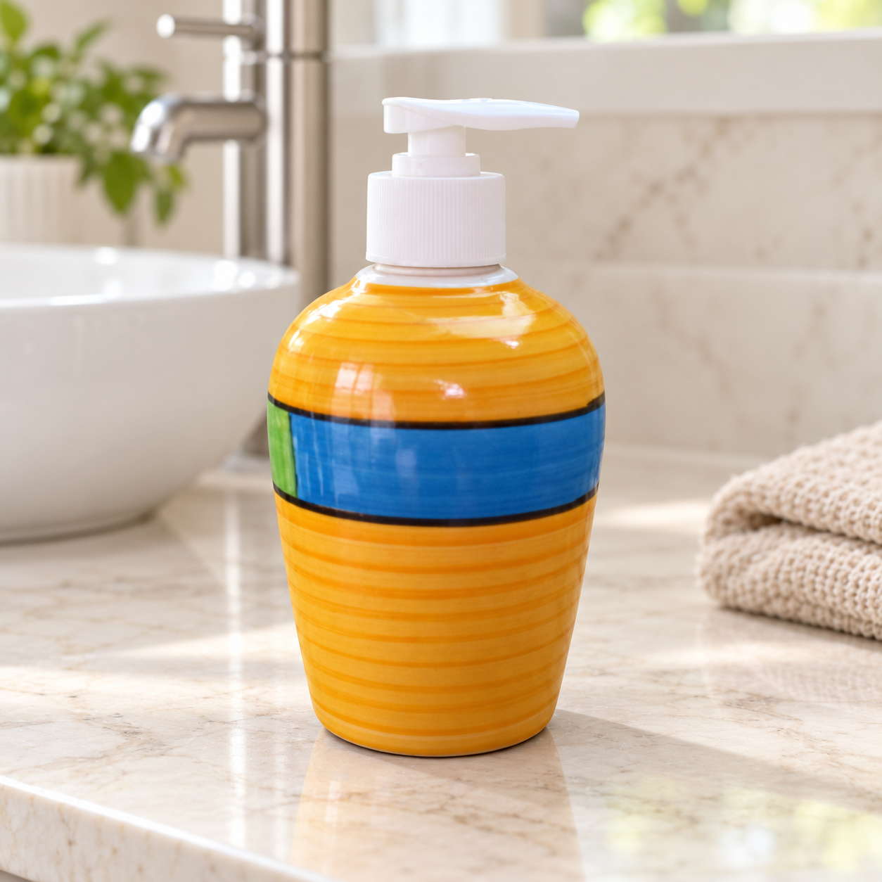 KunhaR Ceramic Long-Lasting Liquid Handwash Soap Dispenser for Bathroom | Handwash Bottle for Kitchen | Soap Dispenser for Wash Basin | Bathroom Accessories | 300 ml, Yellow Blue Green