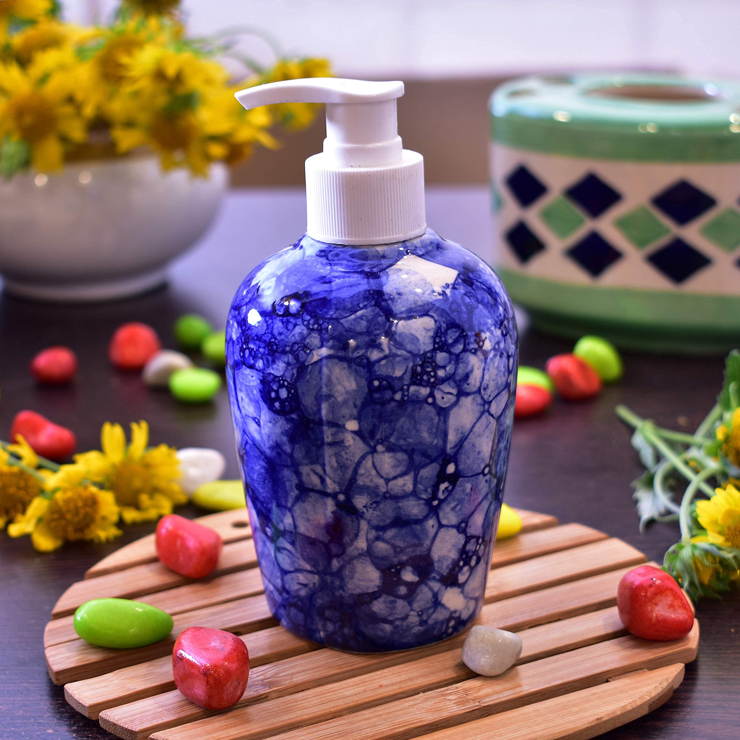 KunhaR Ceramic Liquid Soap Dispenser – Refillable Bathroom & Kitchen Lotion Pump | Stylish Countertop Dispenser for Soap, Shampoo, Gel Dispenser, Blue Luster - Image 2