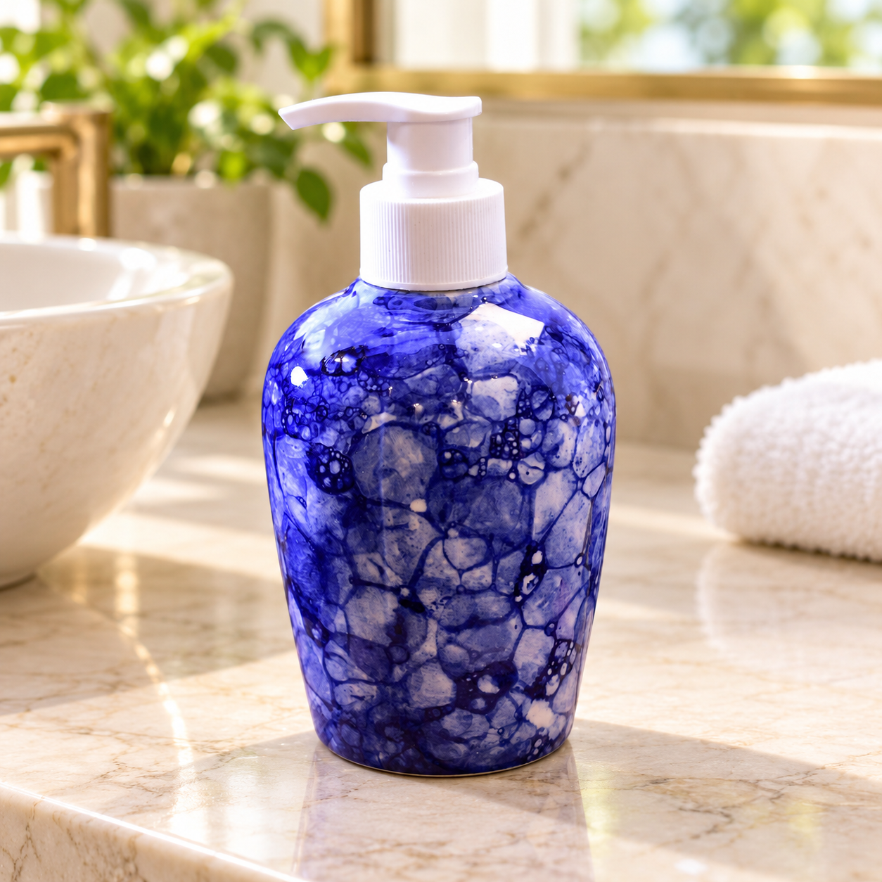 KunhaR Ceramic Liquid Soap Dispenser – Refillable Bathroom & Kitchen Lotion Pump | Stylish Countertop Dispenser for Soap, Shampoo, Gel Dispenser, Blue Luster