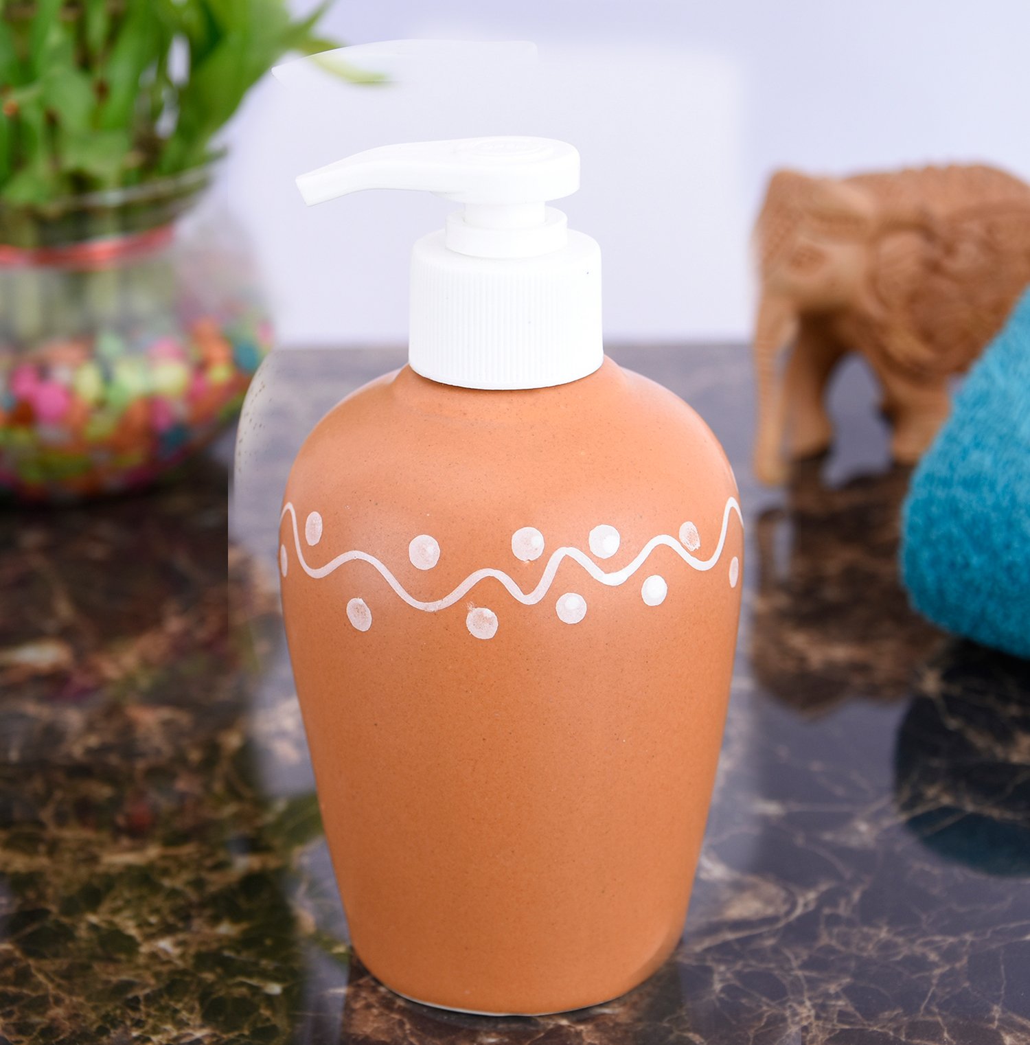 KunhaR Ceramic Long-Lasting Liquid Handwash Soap Dispenser for Bathroom | Handwash Bottle for Kitchen | Soap Dispenser for Wash Basin | Bathroom Accessories | 300 ml, Terracotta, 2 Pieces