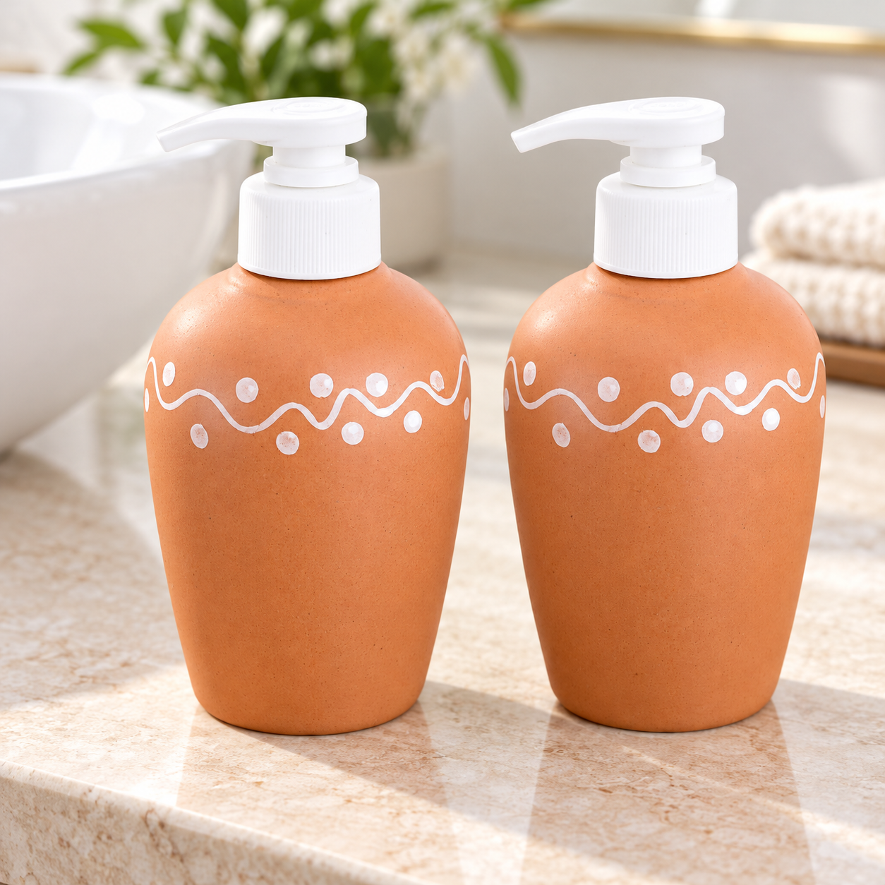 KunhaR Ceramic Long-Lasting Liquid Handwash Soap Dispenser for Bathroom | Handwash Bottle for Kitchen | Soap Dispenser for Wash Basin | Bathroom Accessories | 300 ml, Terracotta, 2 Pieces