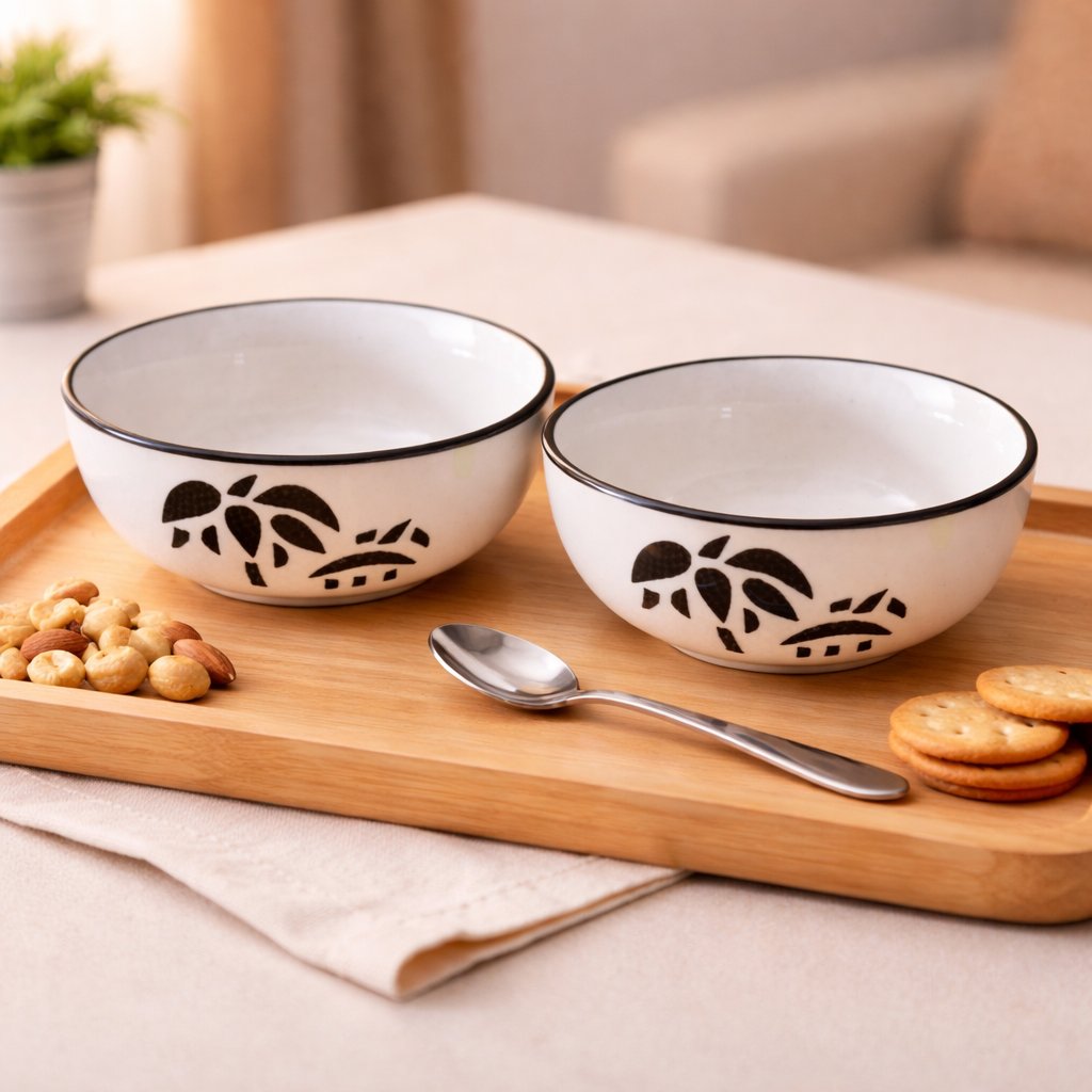 Kunhar Ceramic Mixing Bowls, Microwave Safe Bowl for Kitchen, Freezer & Dishwasher, Ideal for Snacks, Rice, Salad, and Noodles - 600 ML, 2 Pieces, White Coconut Tree