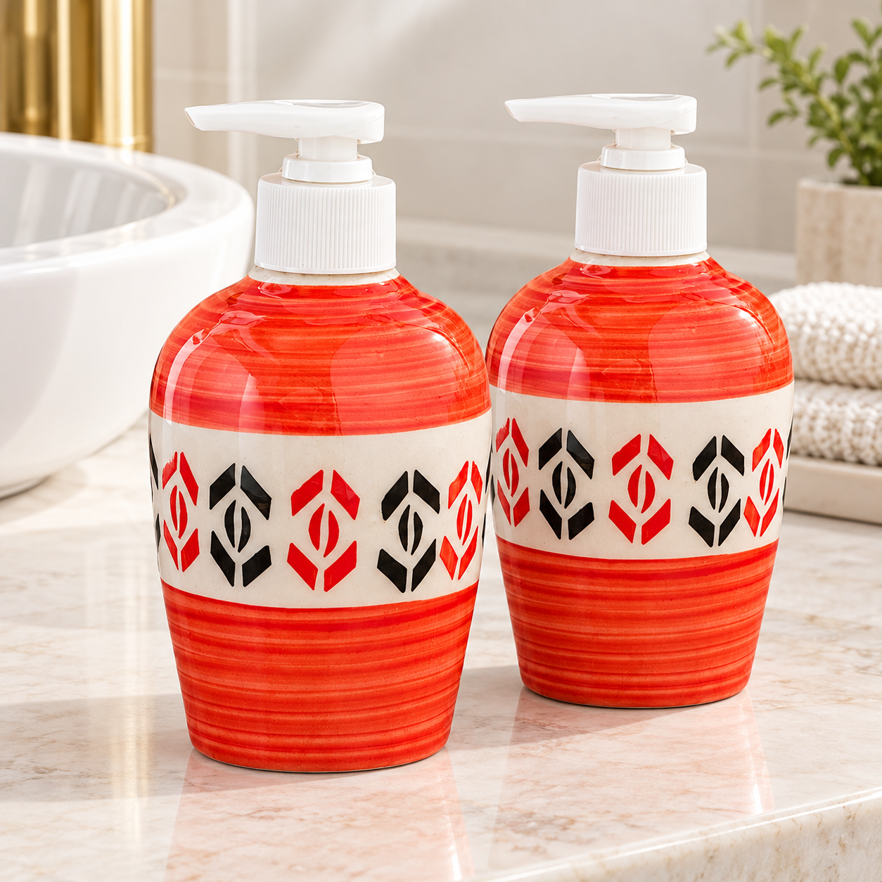 KunhaR Ceramic Long-Lasting Liquid Handwash Soap Dispenser for Bathroom | Handwash Bottle for Kitchen | Soap Dispenser for Wash Basin | Bathroom Accessories | 300 ml, Red Multicolor, 2 Pieces
