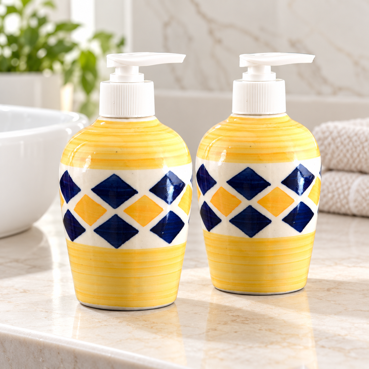 KunhaR Ceramic Long-Lasting Liquid Handwash Soap Dispenser for Bathroom | Handwash Bottle for Kitchen | Soap Dispenser for Wash Basin | Bathroom Accessories | 300 ml, Yellow Brick, 2 Pieces