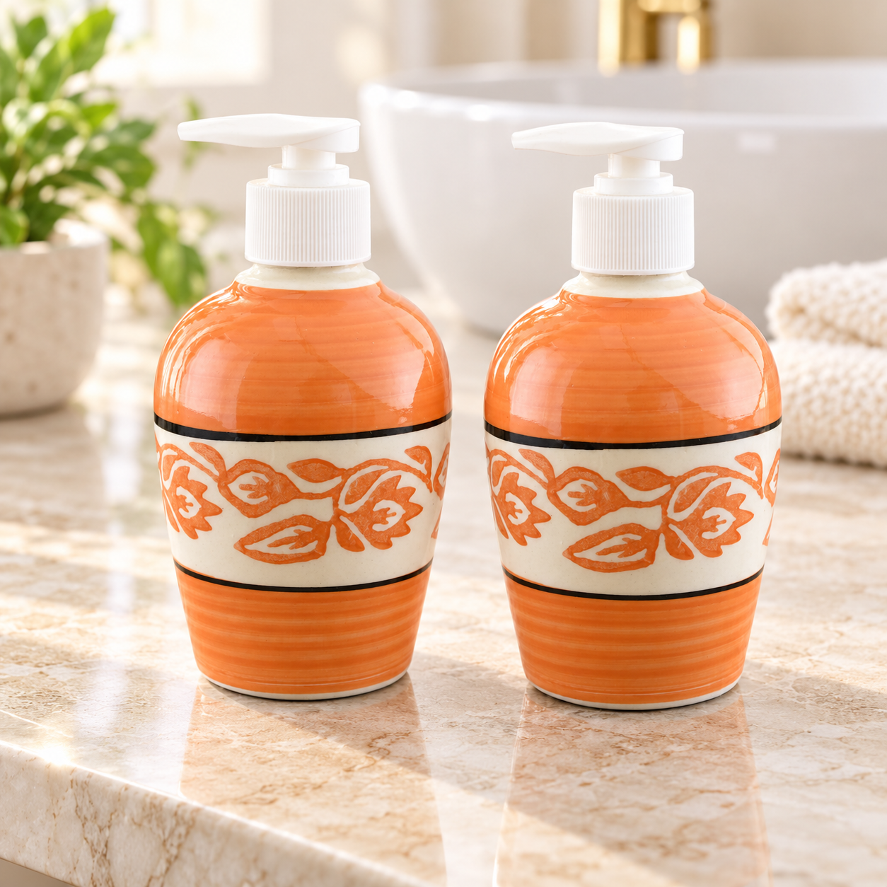 KunhaR Ceramic Long-Lasting Liquid Handwash Soap Dispenser for Bathroom | Handwash Bottle for Kitchen | Soap Dispenser for Wash Basin | Bathroom Accessories | 300 ml, Orange Vine, 2 Pieces