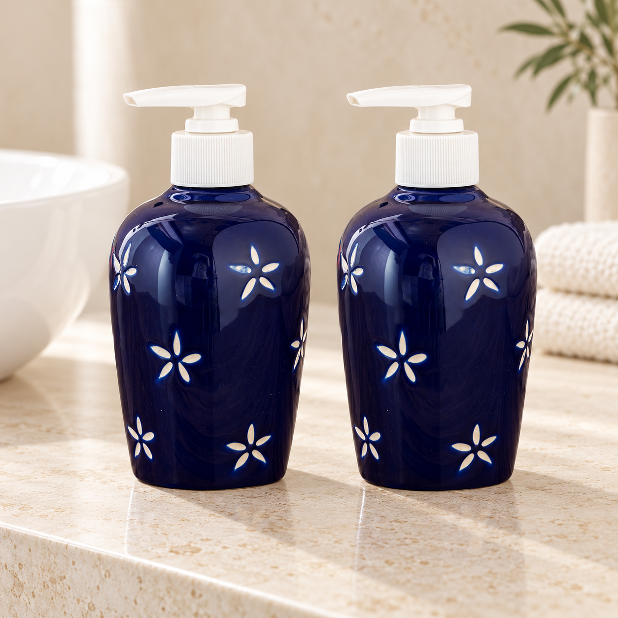 KunhaR Ceramic Long-Lasting Liquid Handwash Soap Dispenser for Bathroom | Handwash Bottle for Kitchen | Soap Dispenser for Wash Basin | Bathroom Accessories | 300 ml, Blue Star, 2 Pieces