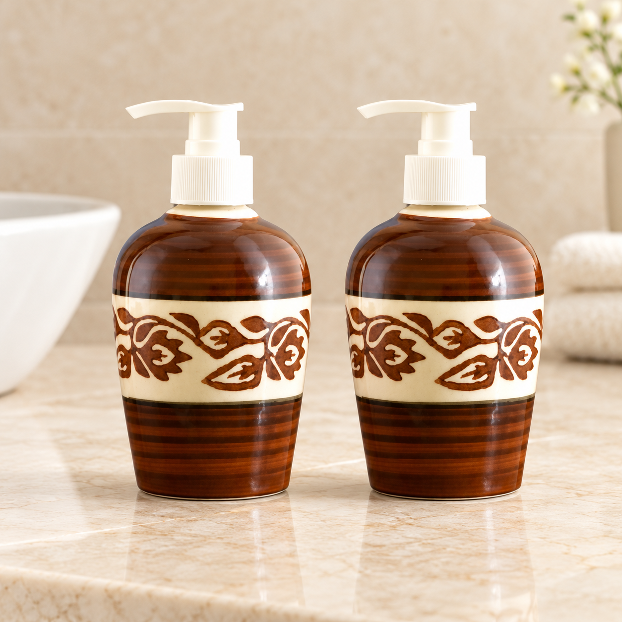 KunhaR Ceramic Long-Lasting Liquid Handwash Soap Dispenser for Bathroom | Handwash Bottle for Kitchen | Soap Dispenser for Wash Basin | Bathroom Accessories | 300 ml, Chocolate Vine, 2 Pieces