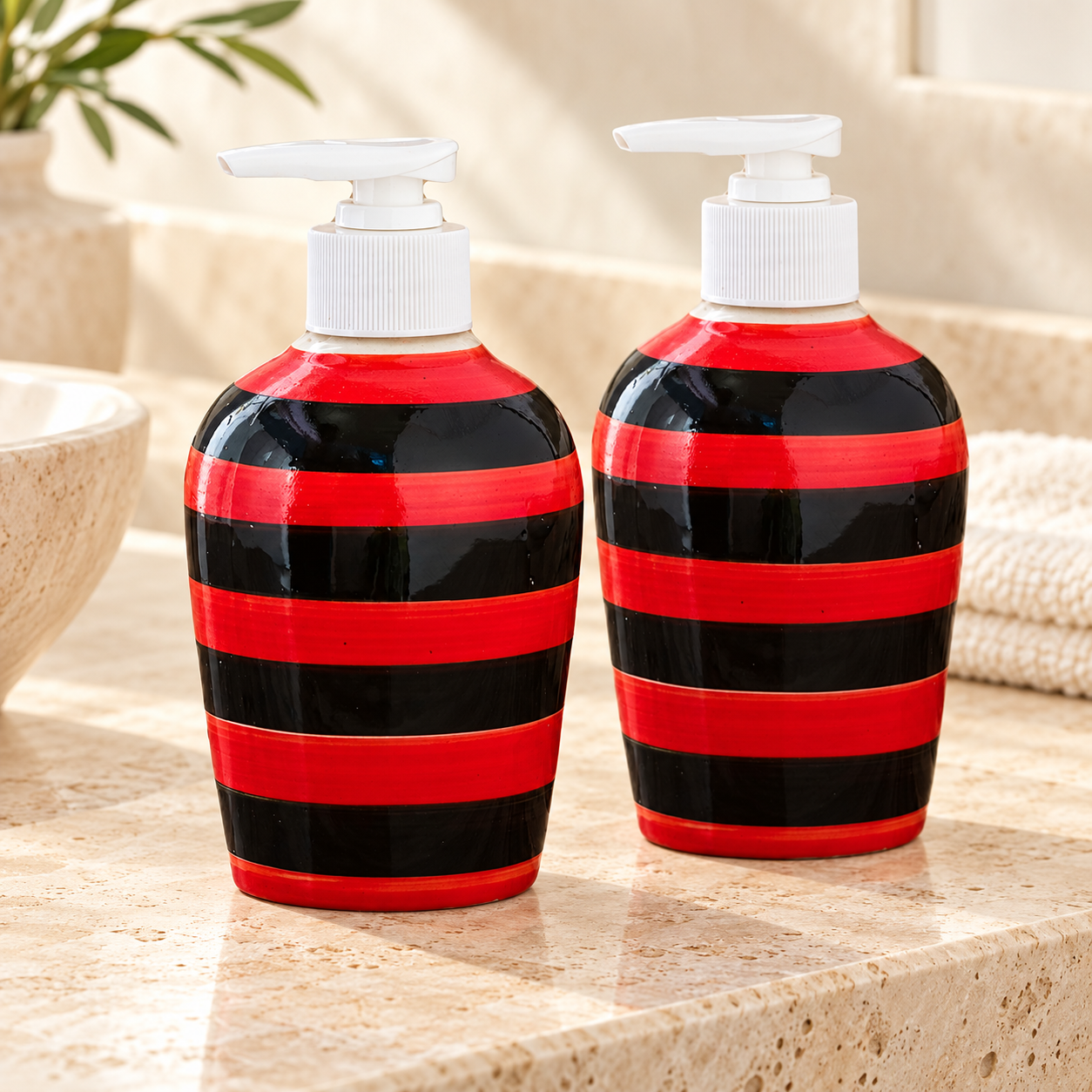 KunhaR Ceramic Long-Lasting Liquid Handwash Soap Dispenser for Bathroom | Handwash Bottle for Kitchen | Soap Dispenser for Wash Basin | Bathroom Accessories | 300 ml, Red Black, 2 Pieces