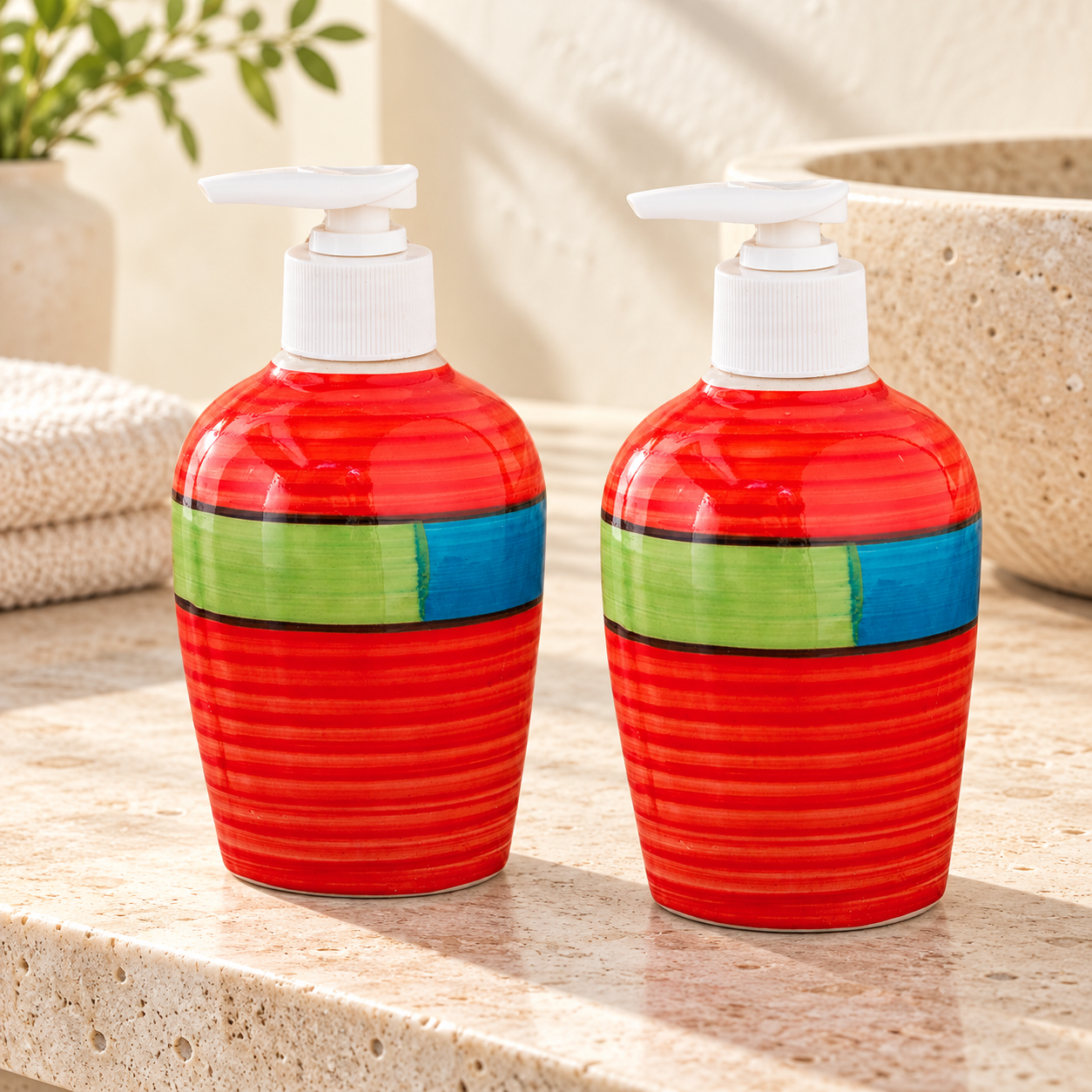 KunhaR Ceramic Long-Lasting Liquid Handwash Soap Dispenser for Bathroom | Handwash Bottle for Kitchen | Soap Dispenser for Wash Basin | Bathroom Accessories | 300 ml, Red Multicolor, 2 Pieces