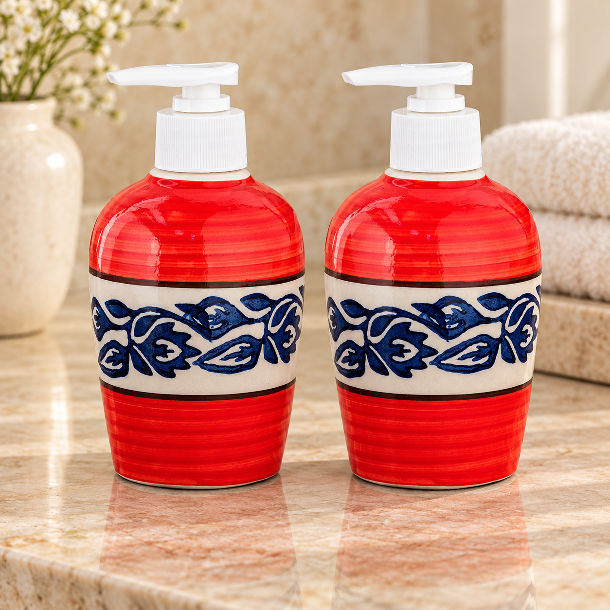 KunhaR Ceramic Long-Lasting Liquid Handwash Soap Dispenser for Bathroom | Handwash Bottle for Kitchen | Soap Dispenser for Wash Basin | Bathroom Accessories | 300 ml, Red Blue Vine, 2 Pieces