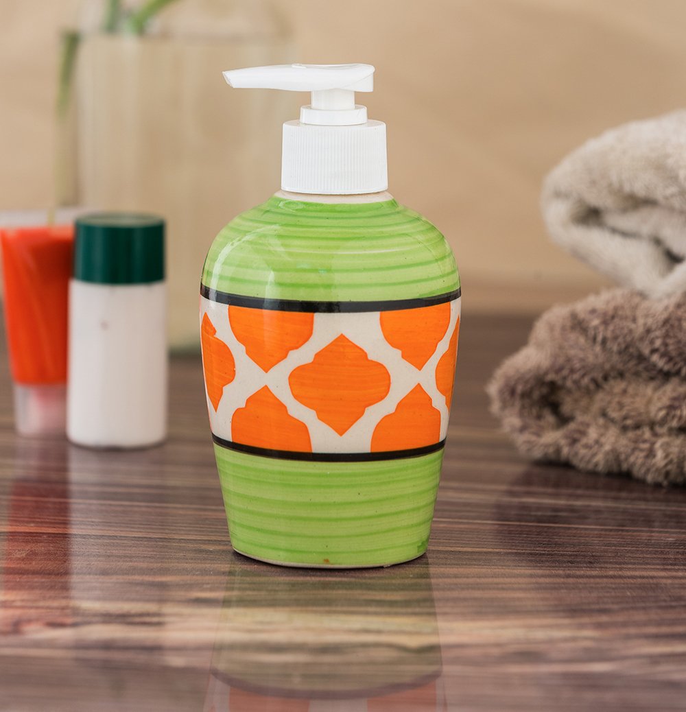 KunhaR Ceramic Long-Lasting Liquid Handwash Soap Dispenser for Bathroom | Handwash Bottle for Kitchen | Soap Dispenser for Wash Basin | Bathroom Accessories | 300 ml, Green Orange Chidi, 2 Pieces
