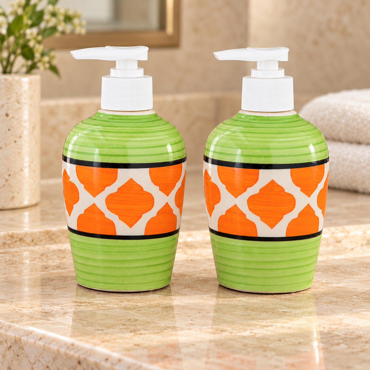 KunhaR Ceramic Long-Lasting Liquid Handwash Soap Dispenser for Bathroom | Handwash Bottle for Kitchen | Soap Dispenser for Wash Basin | Bathroom Accessories | 300 ml, Green Orange Chidi, 2 Pieces