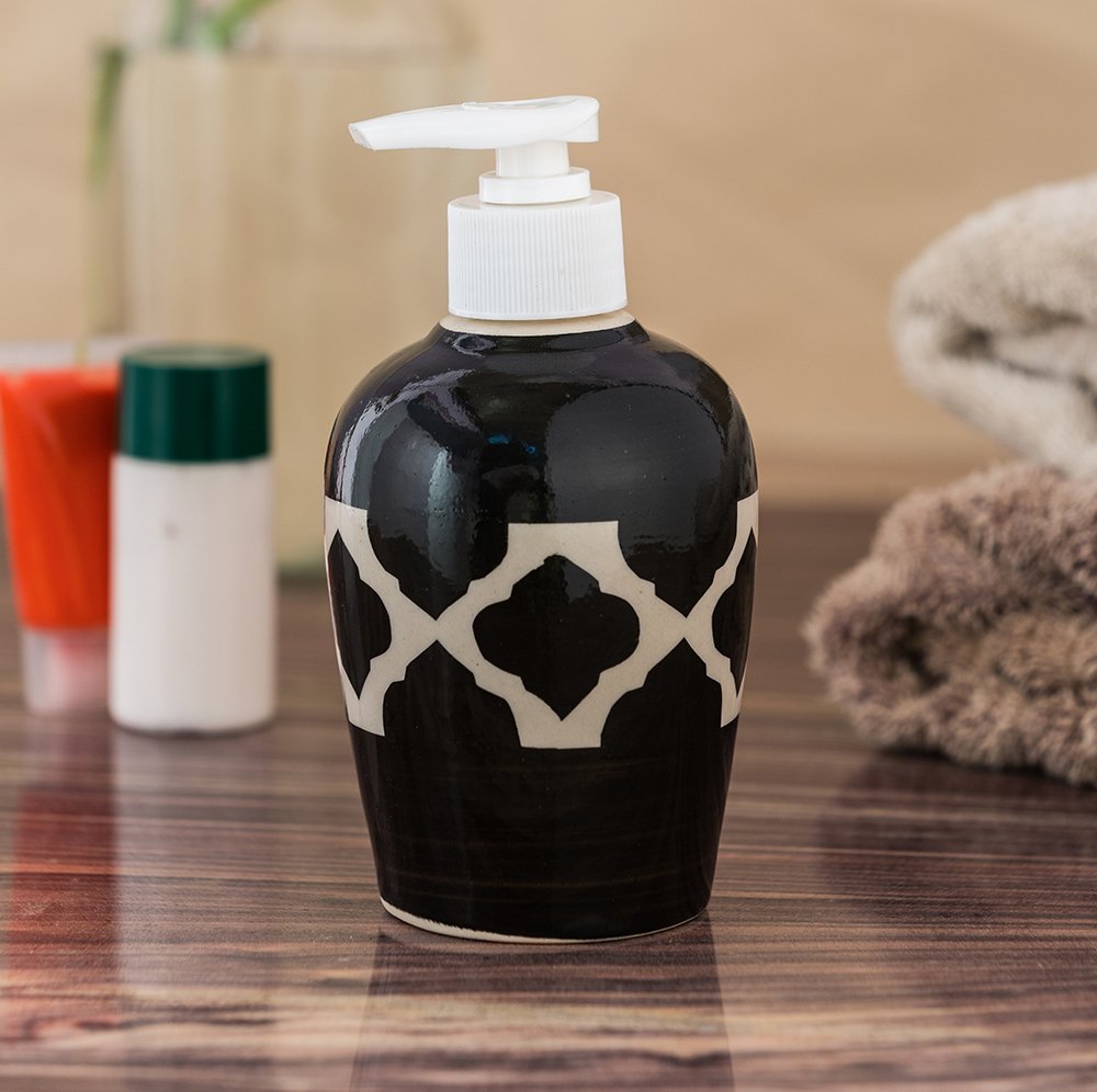 KunhaR Ceramic Long-Lasting Liquid Handwash Soap Dispenser for Bathroom | Handwash Bottle for Kitchen | Soap Dispenser for Wash Basin | Bathroom Accessories | 300 ml, Black Chidi, 2 Pieces