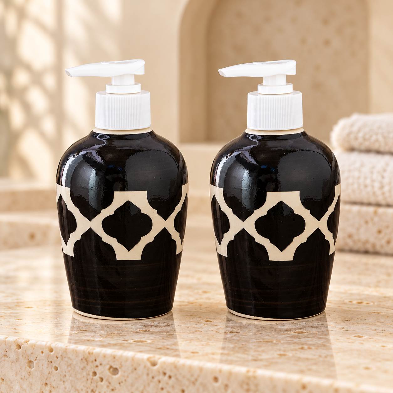 KunhaR Ceramic Long-Lasting Liquid Handwash Soap Dispenser for Bathroom | Handwash Bottle for Kitchen | Soap Dispenser for Wash Basin | Bathroom Accessories | 300 ml, Black Chidi, 2 Pieces