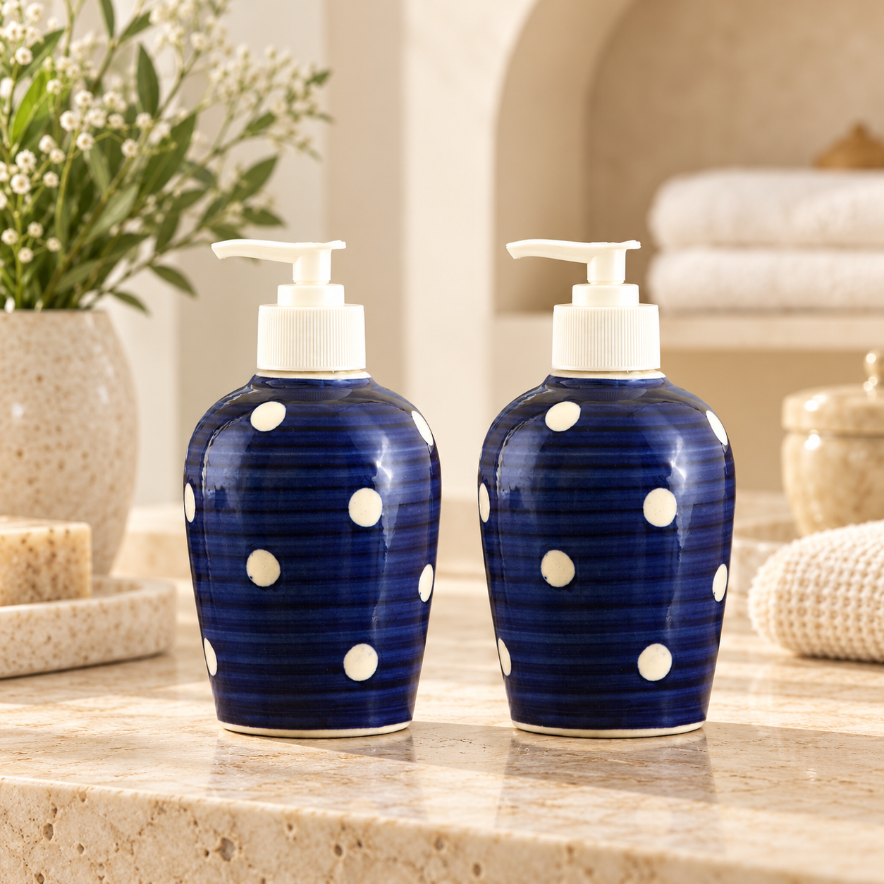 KunhaR Ceramic Long-Lasting Liquid Handwash Soap Dispenser for Bathroom | Handwash Bottle for Kitchen | Soap Dispenser for Wash Basin | Bathroom Accessories | 300 ml, Blue Dot, 2 Pieces