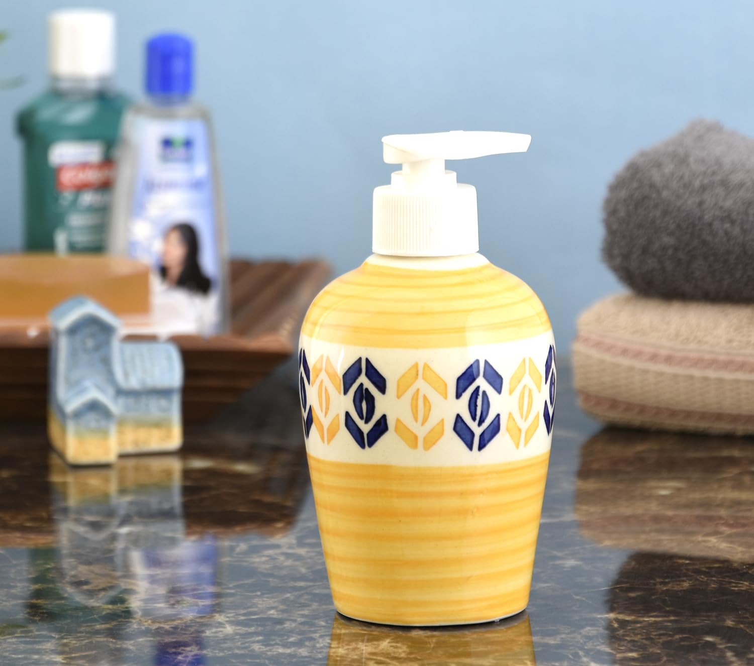 KunhaR Ceramic Long-Lasting Liquid Handwash Soap Dispenser for Bathroom | Handwash Bottle for Kitchen | Soap Dispenser for Wash Basin | Bathroom Accessories | 300 ml, Yellow Multicolor, 2 Pieces - Image 4