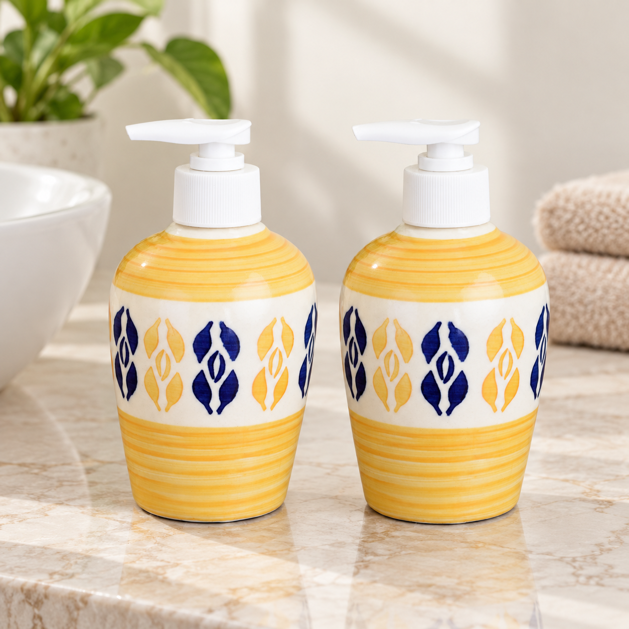 KunhaR Ceramic Long-Lasting Liquid Handwash Soap Dispenser for Bathroom | Handwash Bottle for Kitchen | Soap Dispenser for Wash Basin | Bathroom Accessories | 300 ml, Yellow Multicolor, 2 Pieces