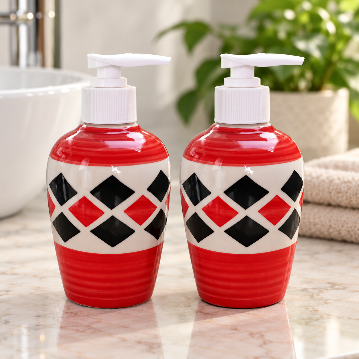 KunhaR Ceramic Long-Lasting Liquid Handwash Soap Dispenser for Bathroom | Handwash Bottle for Kitchen | Soap Dispenser for Wash Basin | Bathroom Accessories | 300 ml, Red Berry, 2 Pieces