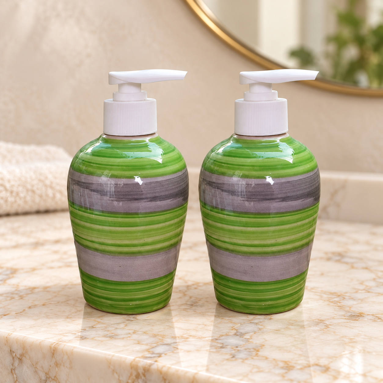 KunhaR Ceramic Long-Lasting Liquid Handwash Soap Dispenser for Bathroom | Handwash Bottle for Kitchen | Soap Dispenser for Wash Basin | Bathroom Accessories | 300 ml, Forest Green, 2 Pieces