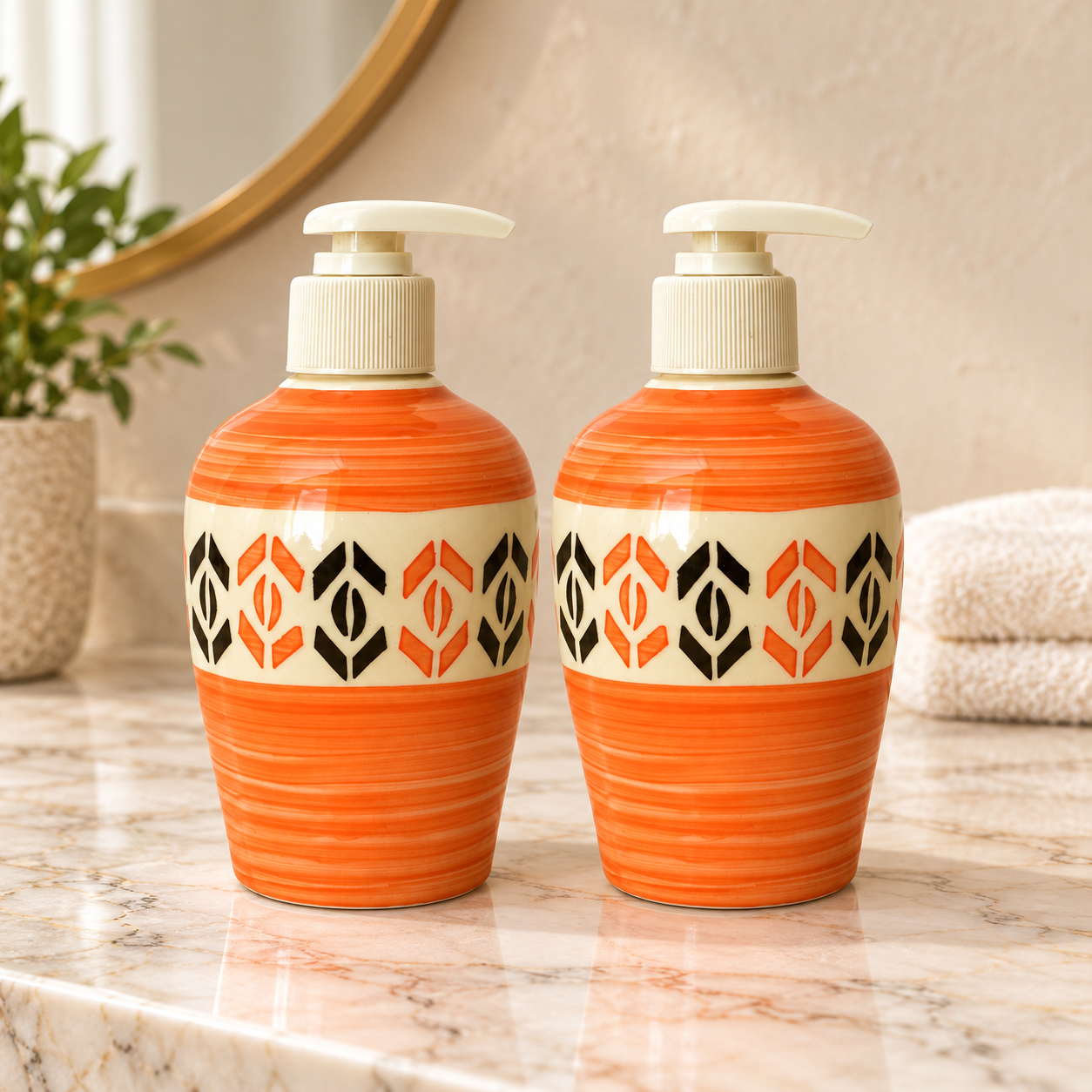 KunhaR Ceramic Long-Lasting Liquid Handwash Soap Dispenser for Bathroom | Handwash Bottle for Kitchen | Soap Dispenser for Wash Basin | Bathroom Accessories | 300 ml, Dusty Orange, 2 Pieces