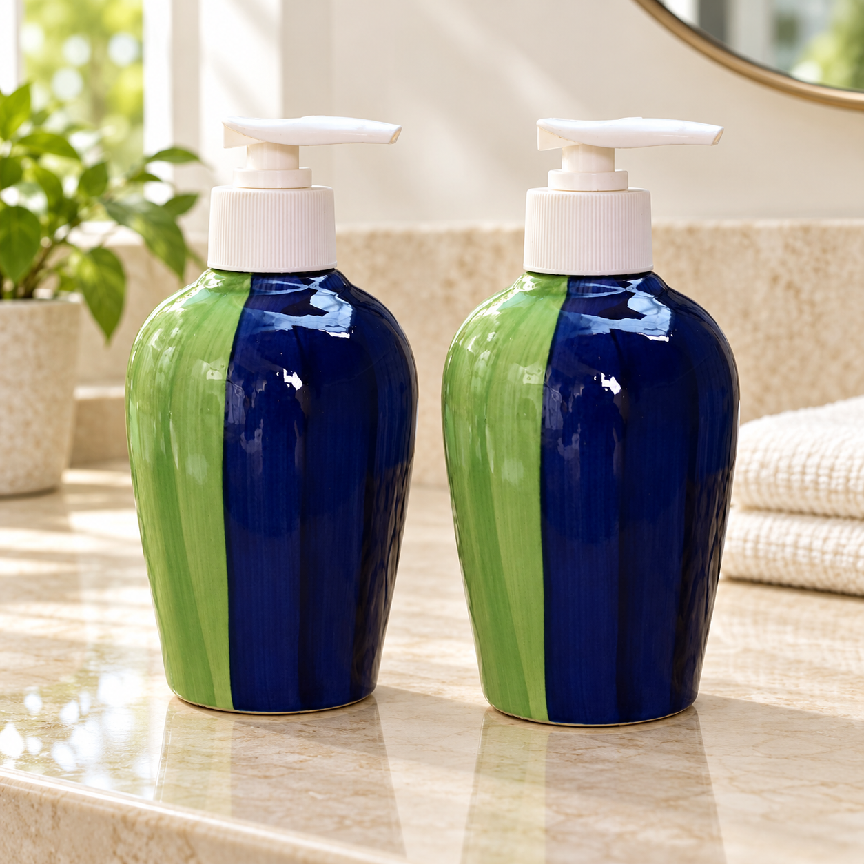 KunhaR Ceramic Long-Lasting Liquid Handwash Soap Dispenser for Bathroom | Handwash Bottle for Kitchen | Soap Dispenser for Wash Basin | Bathroom Accessories | 300 ml, Light Moss Green, 2 Pieces