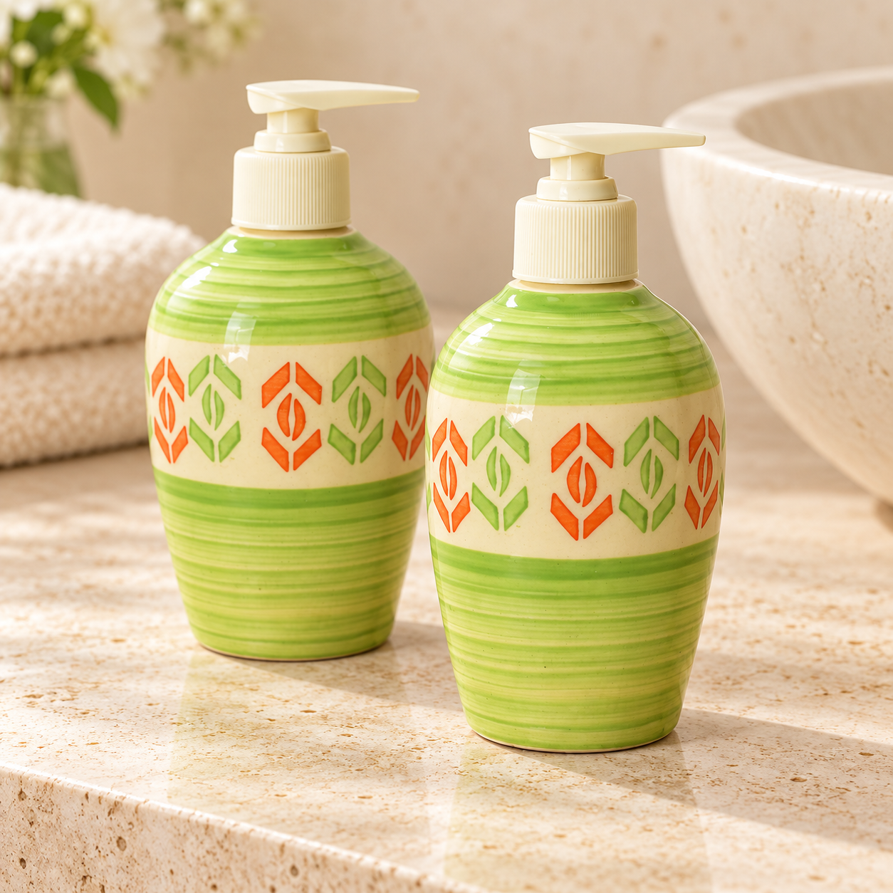 KunhaR Ceramic Long-Lasting Liquid Handwash Soap Dispenser for Bathroom | Handwash Bottle for Kitchen | Soap Dispenser for Wash Basin | Bathroom Accessories | 300 ml, Drab Green, 2 Pieces