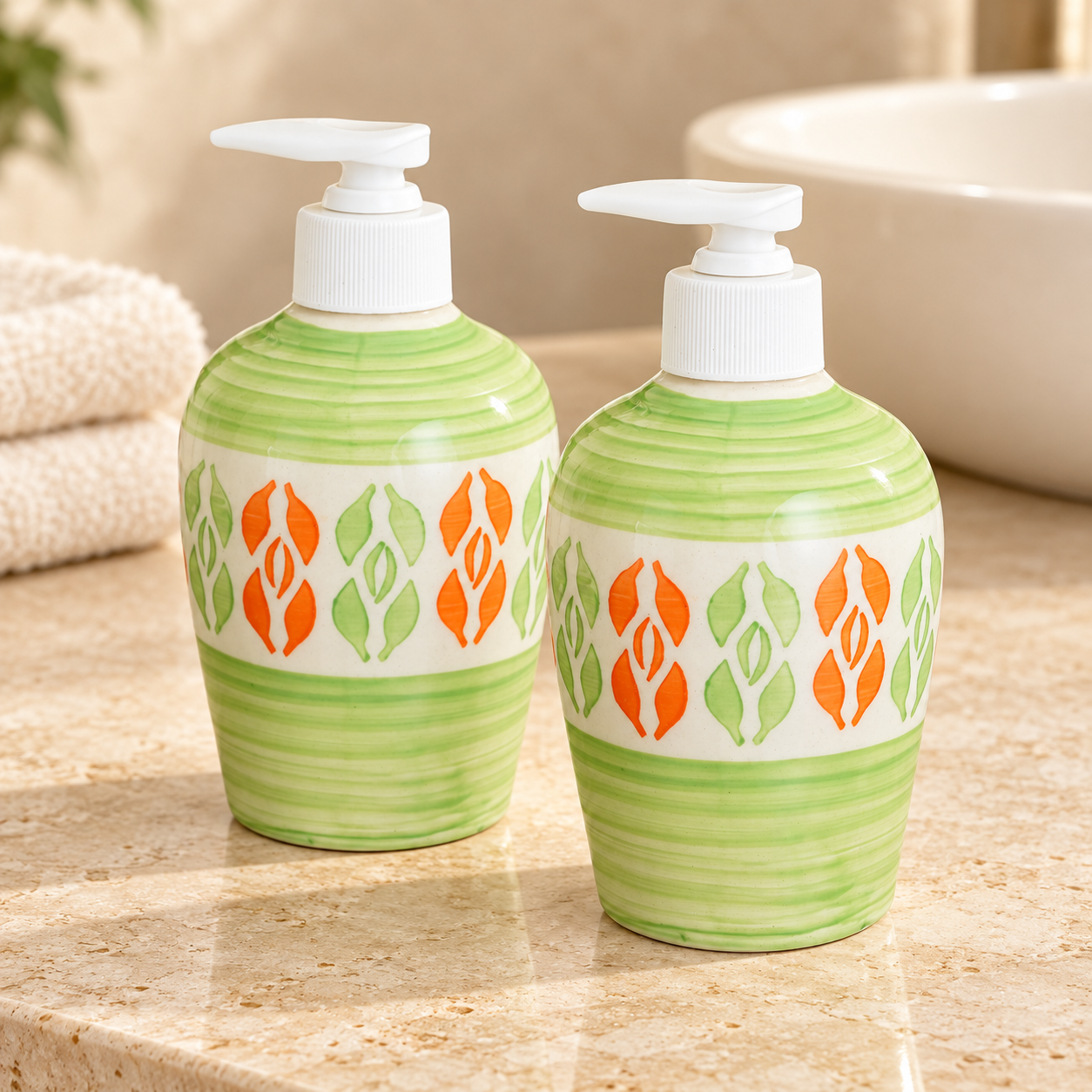 KunhaR Ceramic Long-Lasting Liquid Handwash Soap Dispenser for Bathroom | Handwash Bottle for Kitchen | Soap Dispenser for Wash Basin | Bathroom Accessories | 300 ml, Green Multicolor, 2 Pieces