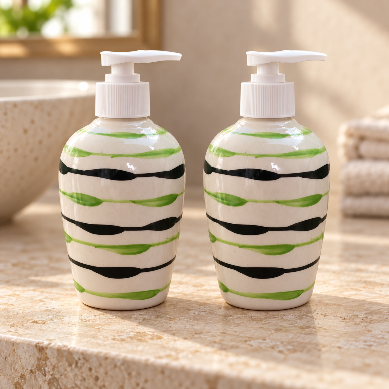 KunhaR Ceramic Long-Lasting Liquid Handwash Soap Dispenser for Bathroom | Handwash Bottle for Kitchen | Soap Dispenser for Wash Basin | Bathroom Accessories | 300 ml, Green Peas, 2 Pieces