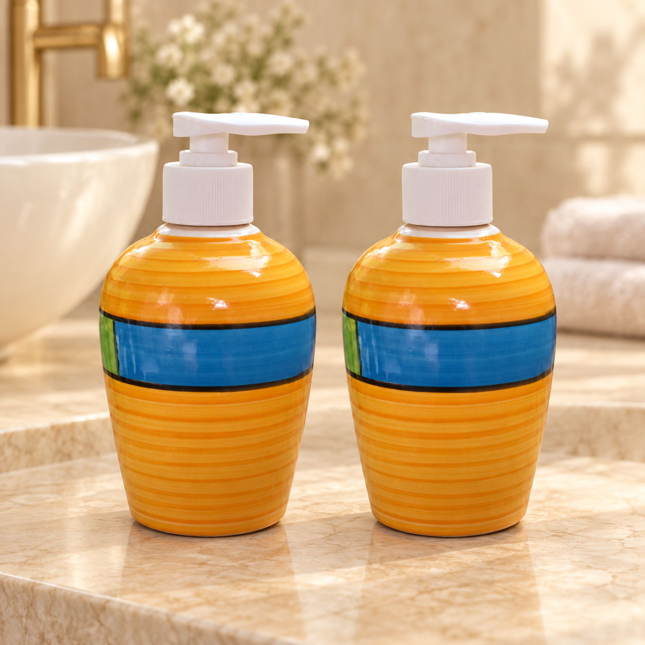 KunhaR Ceramic Long-Lasting Liquid Handwash Soap Dispenser for Bathroom | Handwash Bottle for Kitchen | Soap Dispenser for Wash Basin | Bathroom Accessories | 300 ml, Yellow Blue Green, 2 Pieces