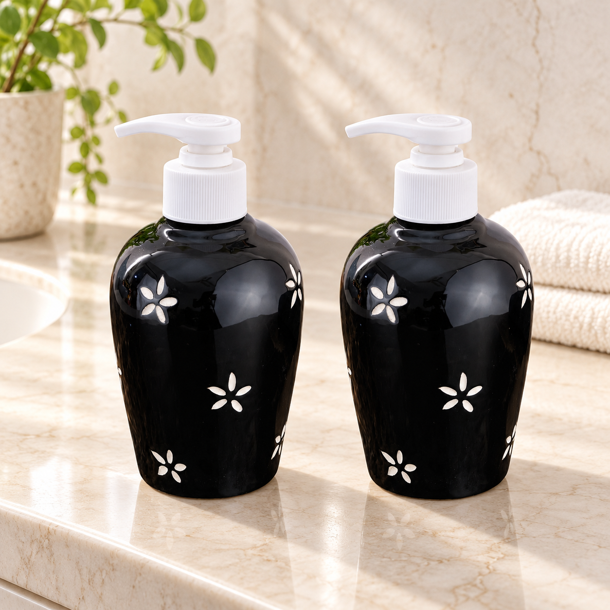 KunhaR Ceramic Long-Lasting Liquid Handwash Soap Dispenser for Bathroom | Handwash Bottle for Kitchen | Soap Dispenser for Wash Basin | Bathroom Accessories | 300 ml, Black Star, 2 Pieces