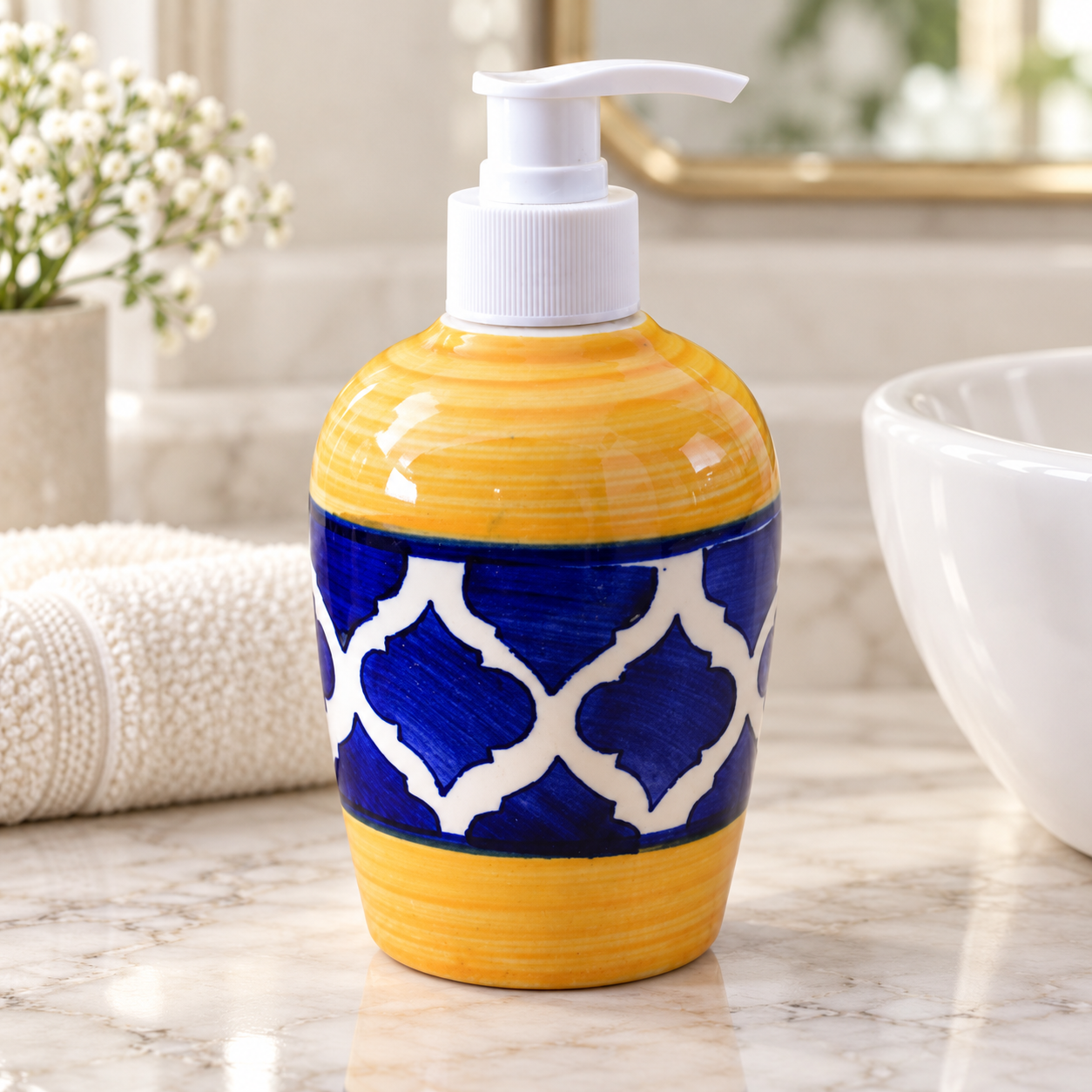 KunhaR Ceramic Liquid Soap Dispenser, 300 Ml, Yellow Blue