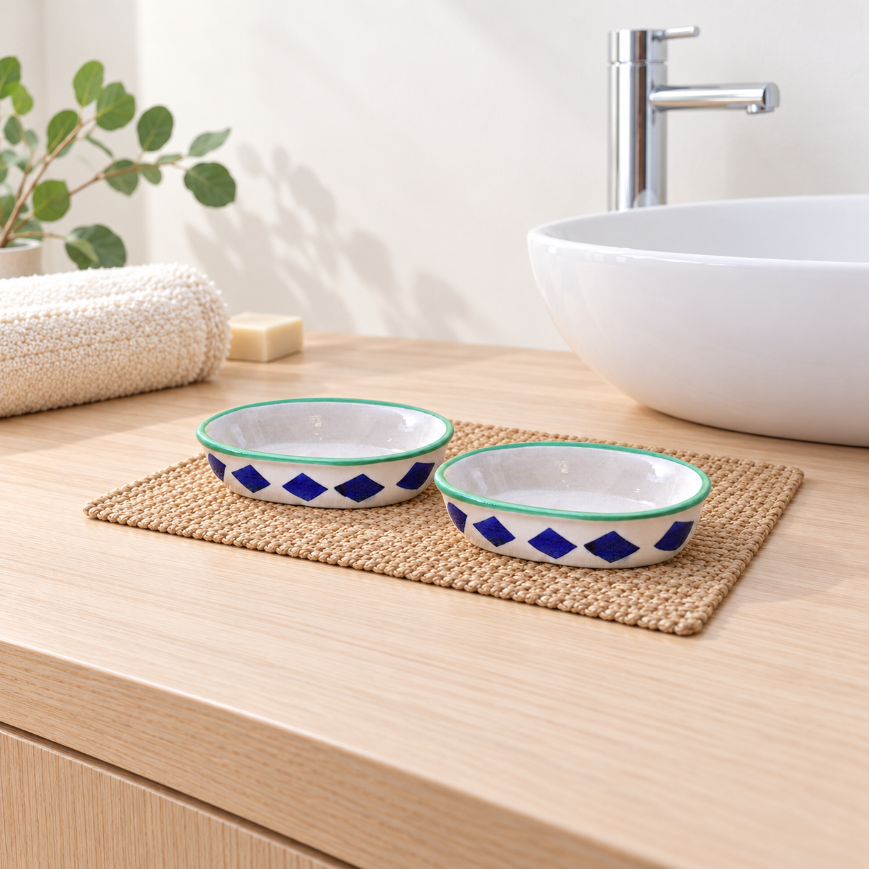 KunhaR Ceramic Soap Dish Holder, Ceramic Soap Dish Tray Holder,2 Pieces, White Blue