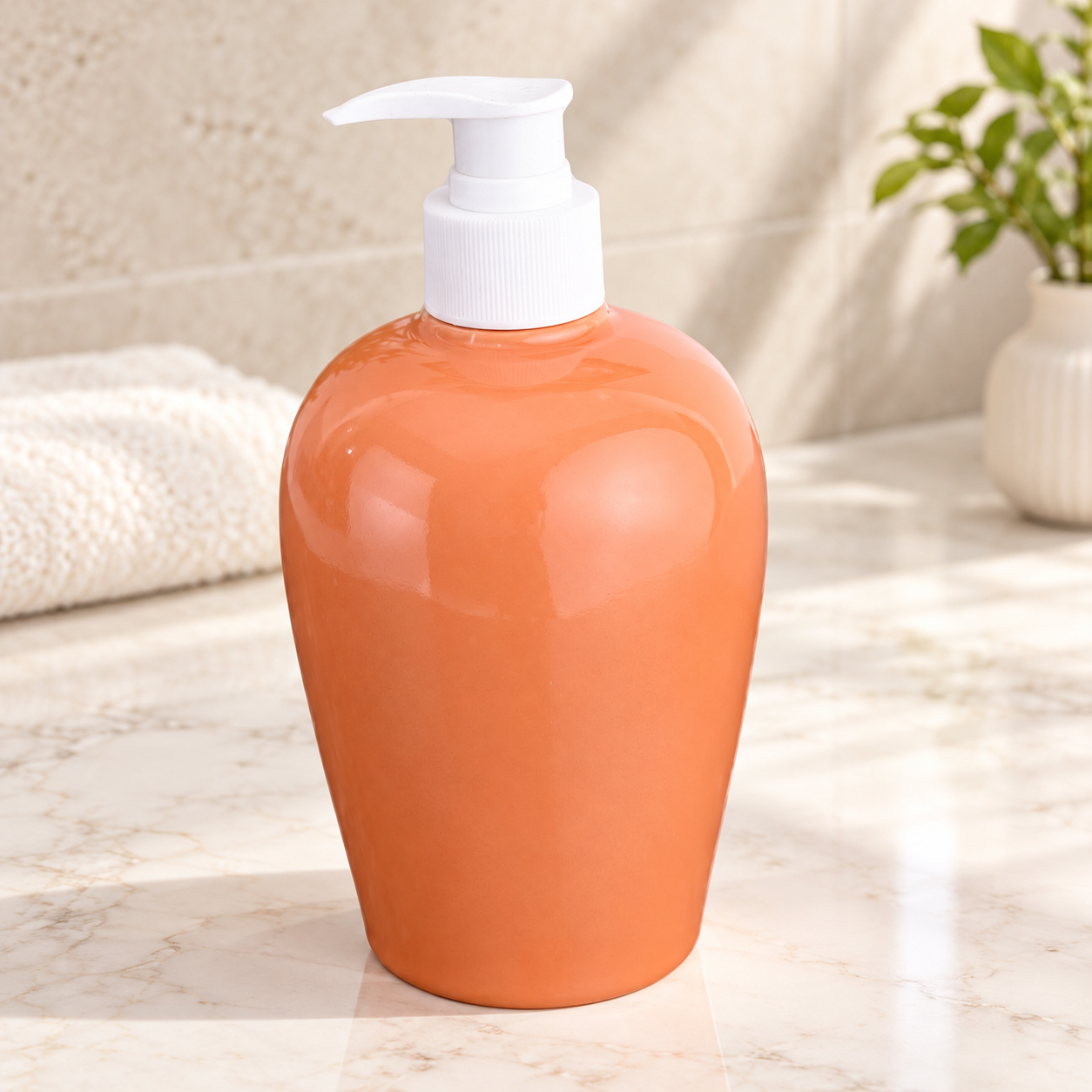 KunhaR Ceramic Long-Lasting Liquid Handwash Soap Dispenser for Bathroom | Handwash Bottle for Kitchen | Soap Dispenser for Wash Basin | Bathroom Accessories - Terracotta, 450ml