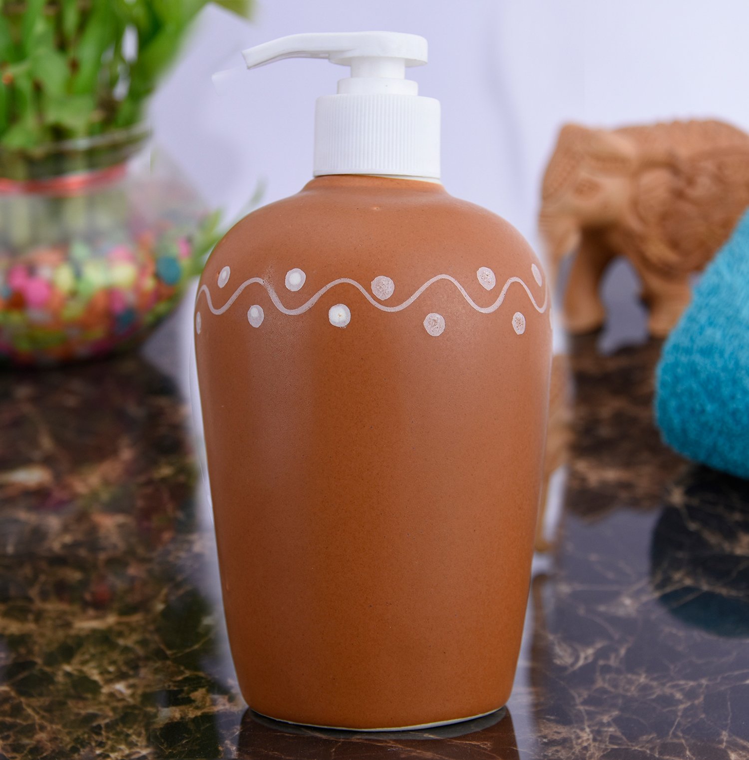 KunhaR Ceramic Long-Lasting Liquid Handwash Soap Dispenser for Bathroom | Handwash Bottle for Kitchen | Soap Dispenser for Wash Basin | Bathroom Accessories - Terracotta, 450ml