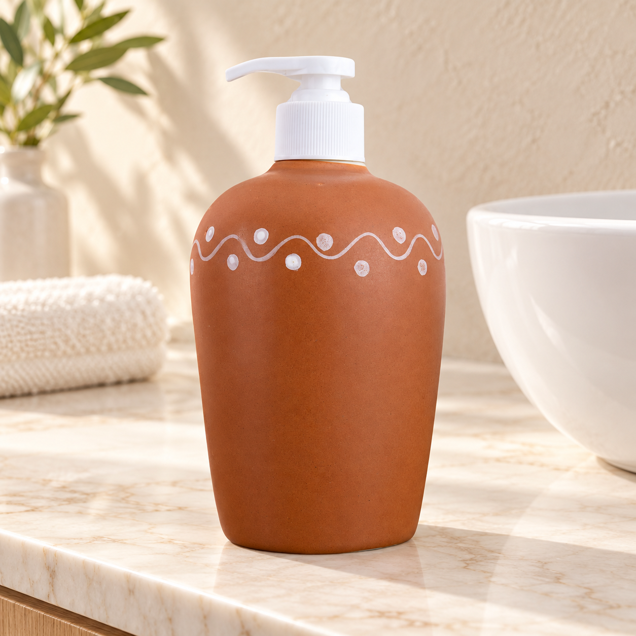 KunhaR Ceramic Long-Lasting Liquid Handwash Soap Dispenser for Bathroom | Handwash Bottle for Kitchen | Soap Dispenser for Wash Basin | Bathroom Accessories - Terracotta, 450ml