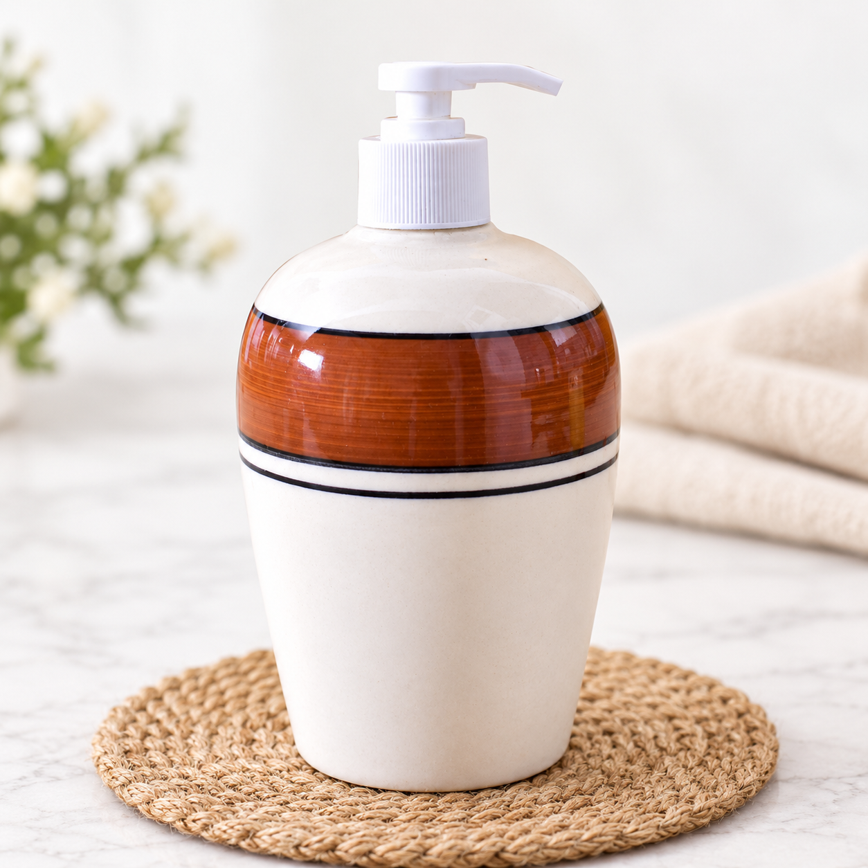 KunhaR Ceramic Liquid Soap Dispenser, 450 ml, White Lilac | Refillable Pump Bottle for Hand Wash, Lotion, Shampoo & Kitchen Use, 1 Piece