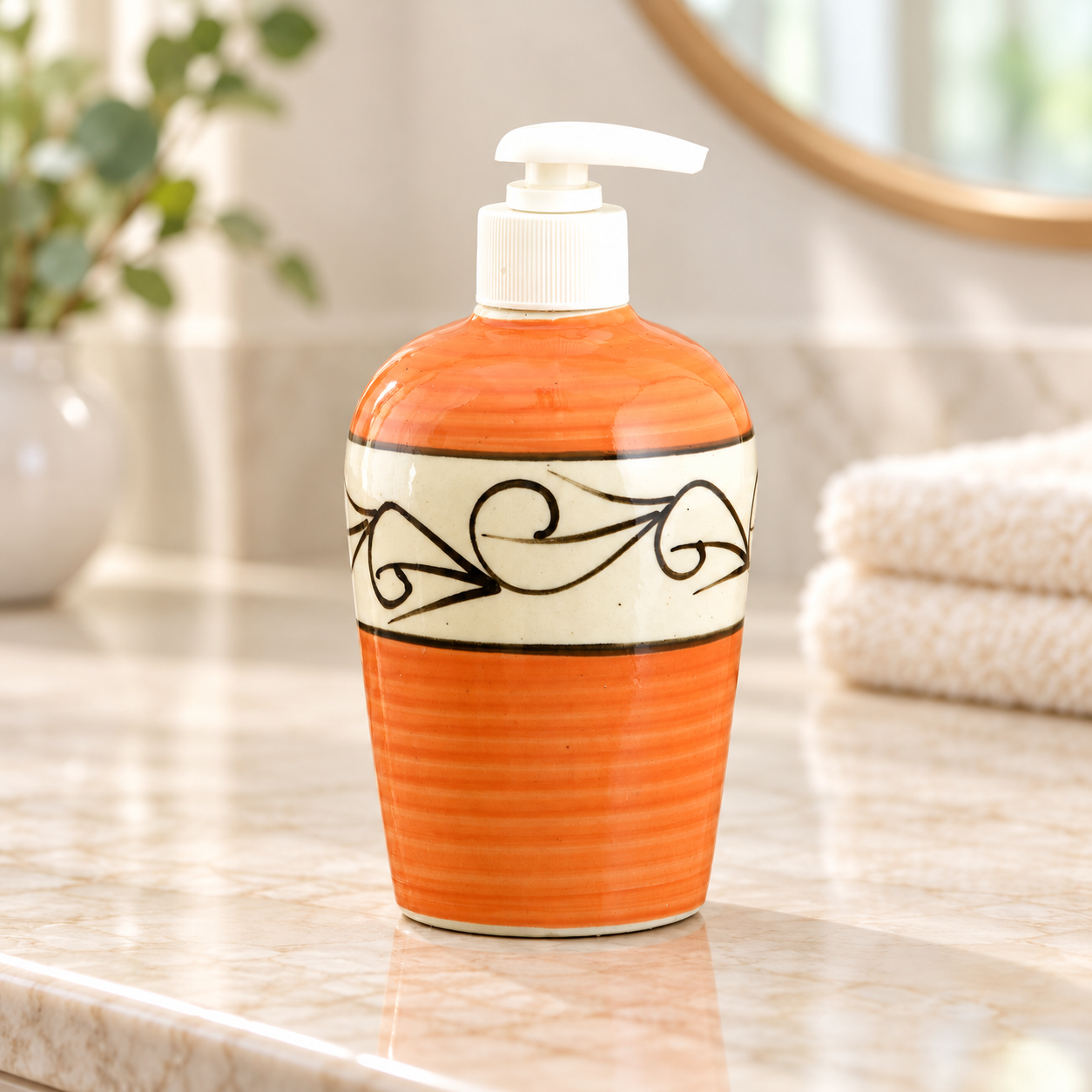 KunhaR Ceramic Long-Lasting Liquid Handwash Soap Dispenser for Bathroom | Handwash Bottle for Kitchen | Soap Dispenser for Wash Basin | Bathroom Accessories - Orange Line, 450ml