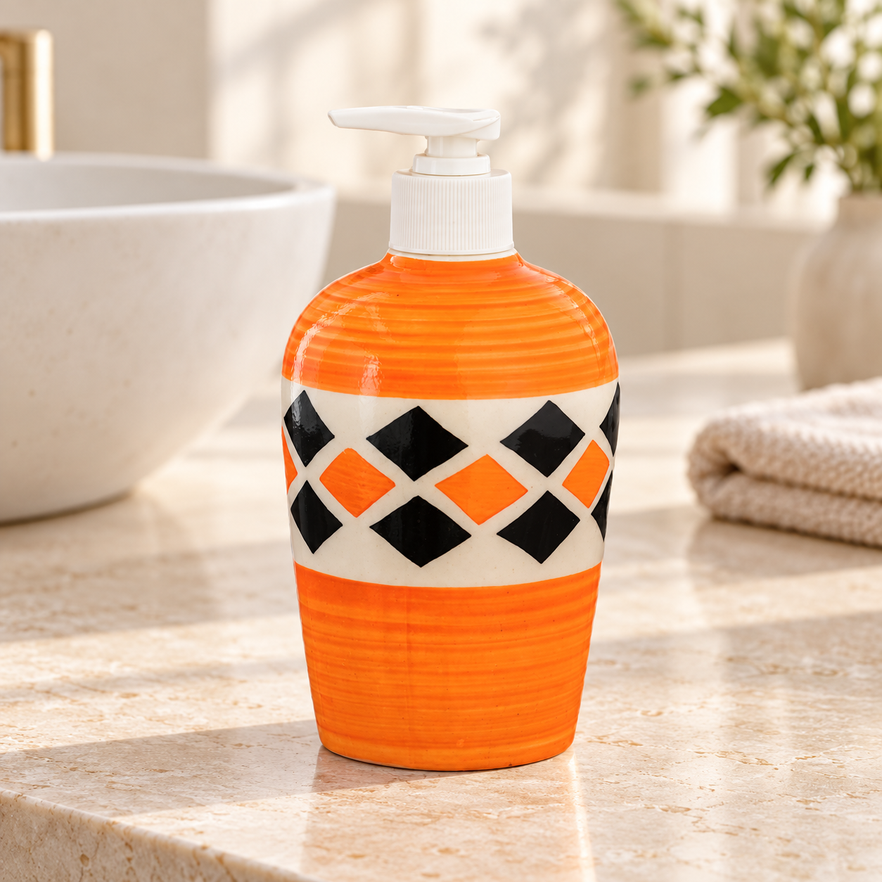 KunhaR Ceramic Long-Lasting Liquid Handwash Soap Dispenser for Bathroom | Handwash Bottle for Kitchen | Soap Dispenser for Wash Basin | Bathroom Accessories - Orange Brick, 450ml