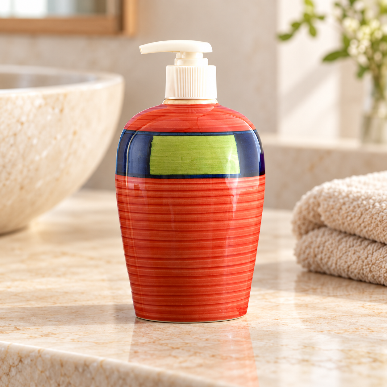 KunhaR Ceramic Long-Lasting Liquid Handwash Soap Dispenser for Bathroom | Handwash Bottle for Kitchen | Soap Dispenser for Wash Basin | Bathroom Accessories - Red Multicolor, 450ml