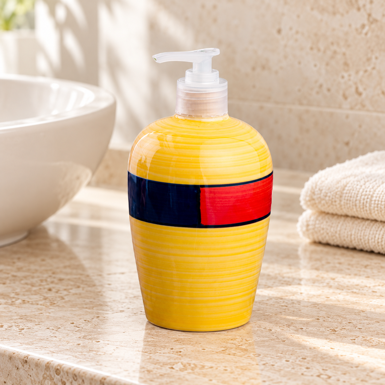 KunhaR Ceramic Long-Lasting Liquid Handwash Soap Dispenser for Bathroom | Handwash Bottle for Kitchen | Soap Dispenser for Wash Basin | Bathroom Accessories - Yellow Multicolor, 450ml