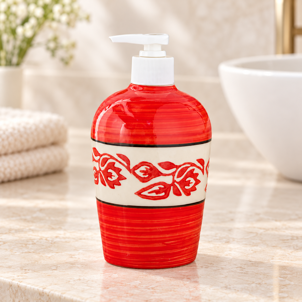 KunhaR Ceramic Long-Lasting Liquid Handwash Soap Dispenser for Bathroom | Handwash Bottle for Kitchen | Soap Dispenser for Wash Basin | Bathroom Accessories - Red Vine, 450ml