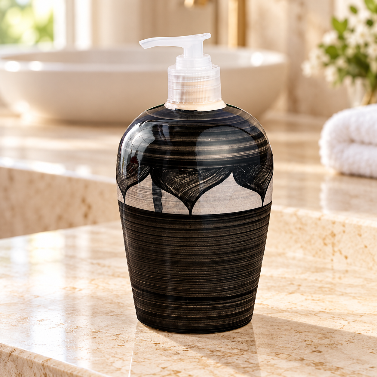 KunhaR Ceramic Long-Lasting Liquid Handwash Soap Dispenser for Bathroom | Handwash Bottle for Kitchen | Soap Dispenser for Wash Basin | Bathroom Accessories - Black, 450ml