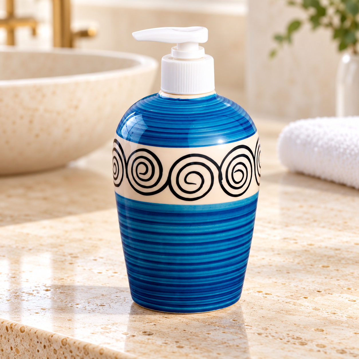 KunhaR Ceramic Long-Lasting Liquid Handwash Soap Dispenser for Bathroom | Handwash Bottle for Kitchen | Soap Dispenser for Wash Basin | Bathroom Accessories - SkyBlue Line, 450ml