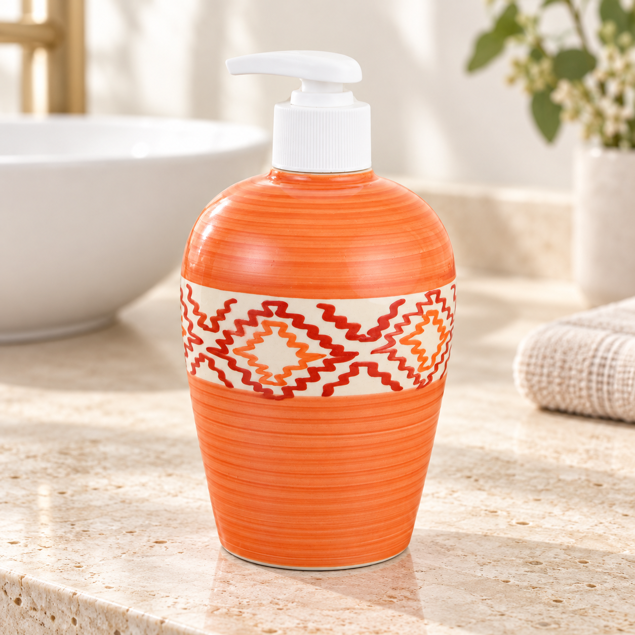 KunhaR Ceramic Long-Lasting Liquid Handwash Soap Dispenser for Bathroom | Handwash Bottle for Kitchen | Soap Dispenser for Wash Basin | Bathroom Accessories - Orange, 450ml